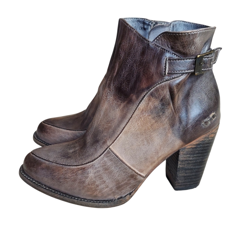 Bed Stu Isla Distressed Leather Buckle Ankle Boots Block Heel